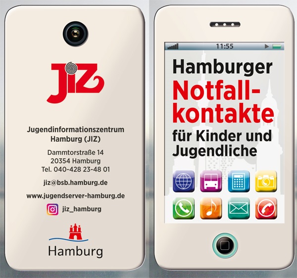 Nachbildung einer Handyoberfläche mit der Schrift "Hamburger Notfallkontakte".