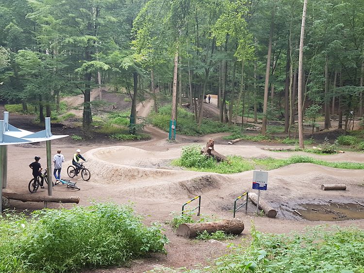  Drei Mountainbike-Fahrer befinden sich in einem Mountainbike-Park.