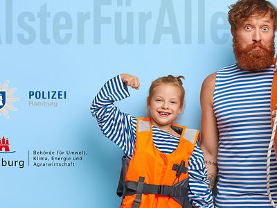  #AlsterFürAlle, Logo Polizei Hamburg und BUKEA, Kind und Mann mit Schwimmweste und Rettungsring lachen in Kamera