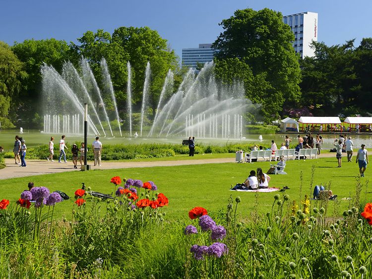  Menschen bestaunen Wasserfontänen im Park Planten un Blomen