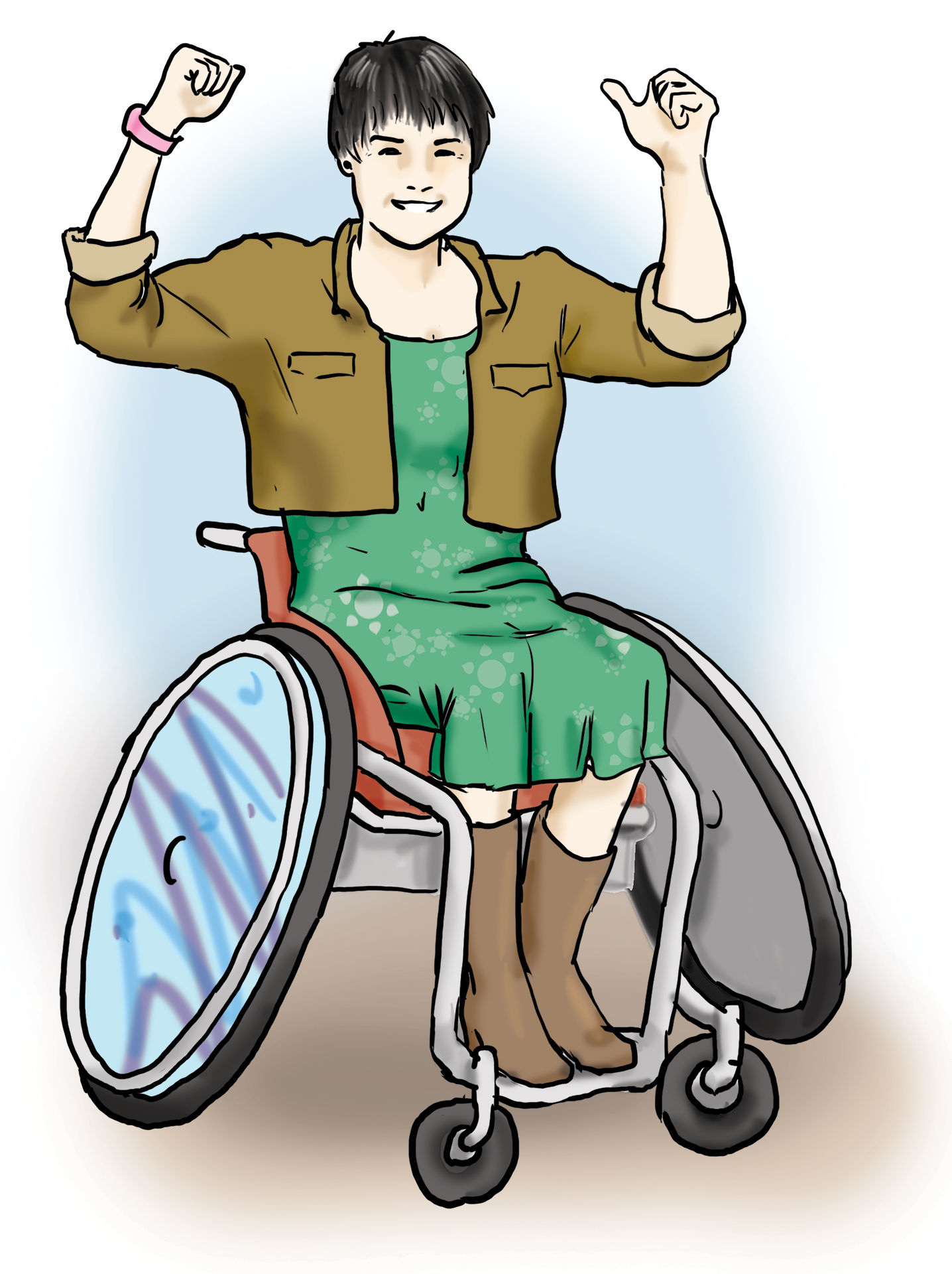Eine Frau im Rollstuhl reckt selbstbewusst beide Arme nach oben.