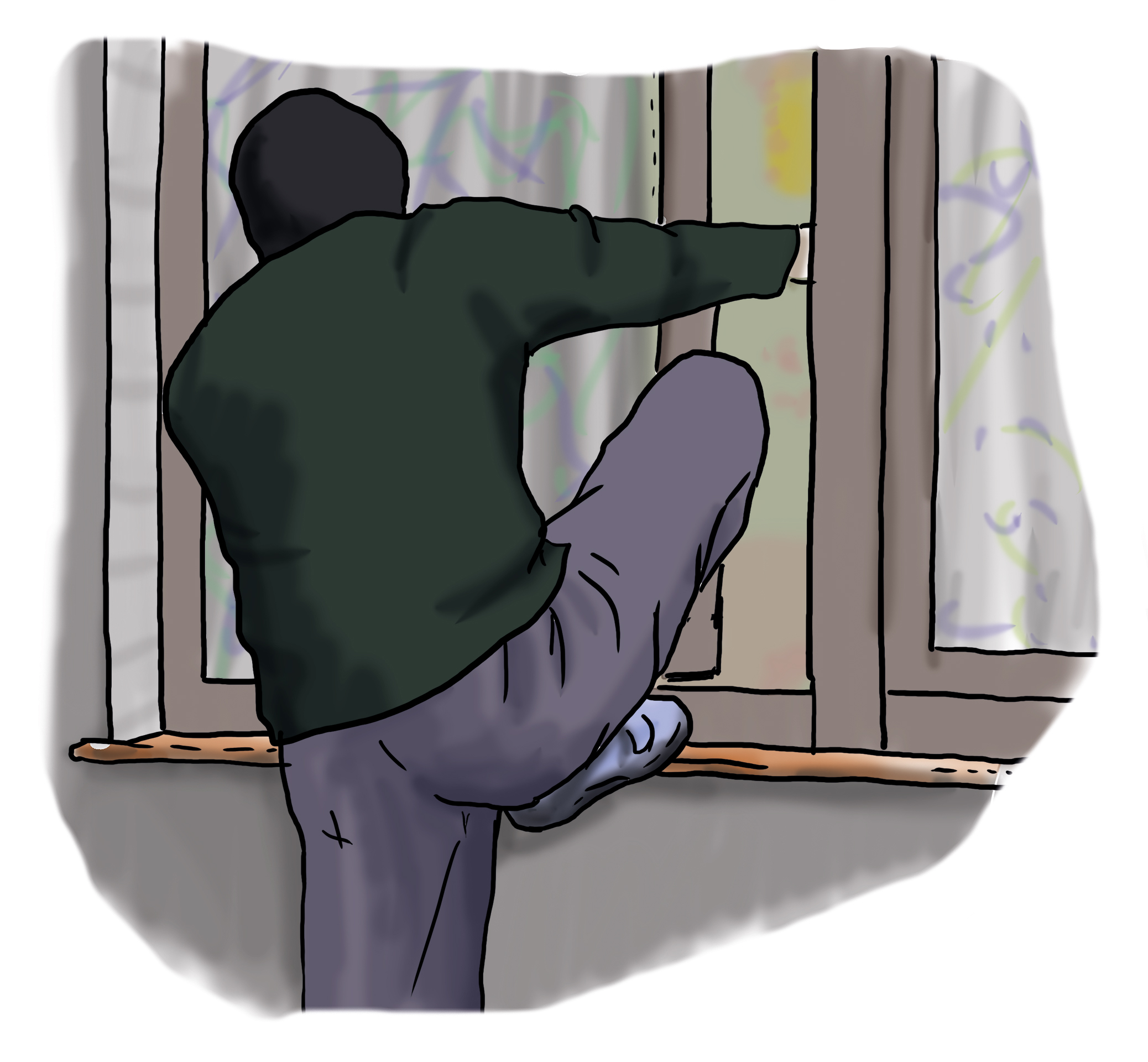 Ein Einbrecher steigt durch ein Fenster