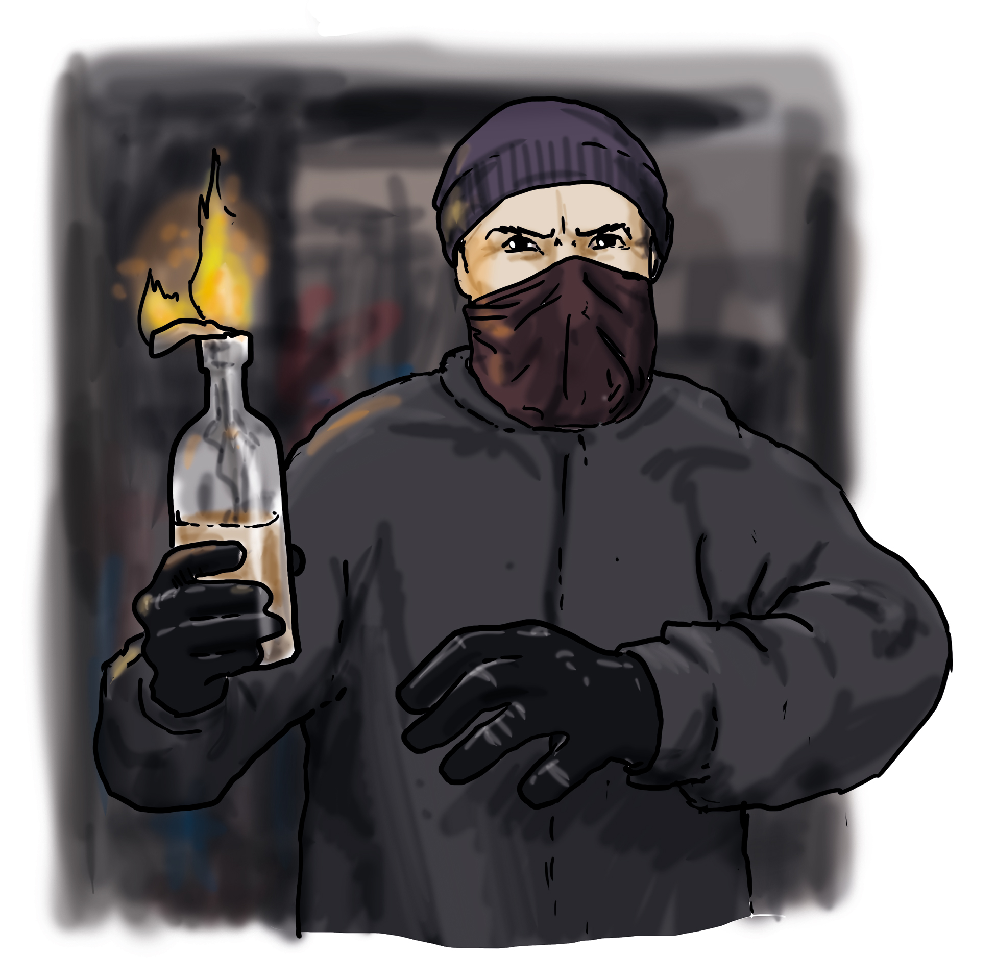 Ein schwarz gekleideter Mensch mit vermummtem Gesicht. Er hält einen brennenden Molotov-Cocktail