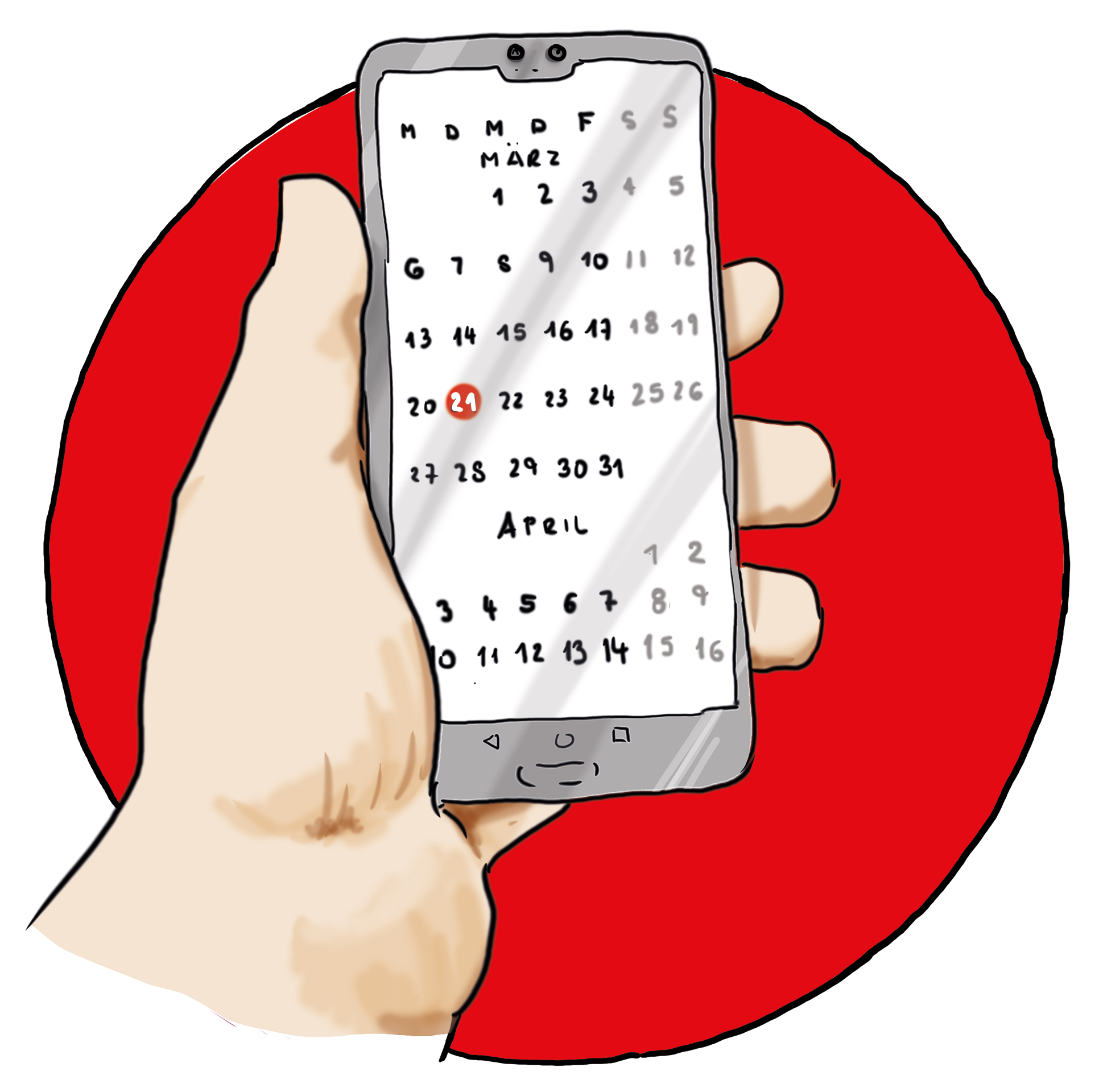 Eine Hand hält ein Smartphone auf einem Roten Kreis. Das Smartphone zeigt einen Kalender - Symbol für Termin vereinbaren