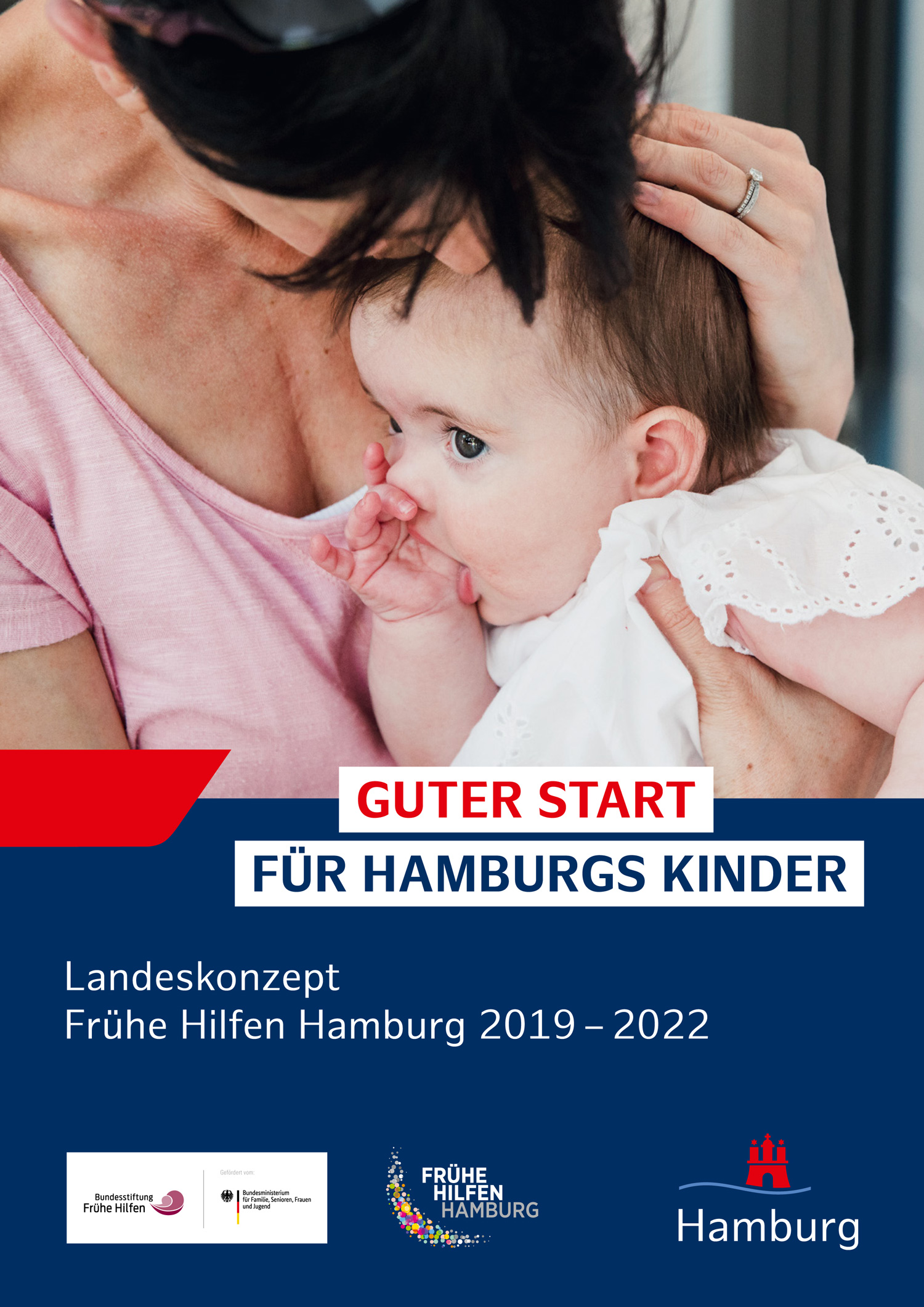 Eine Frau halt eine Säugling im Arm, darunter der Text: Guter Start für Hamburgs Kinder - Landeskonzept Frühe Hilfen Hamburg 2019 – 2022