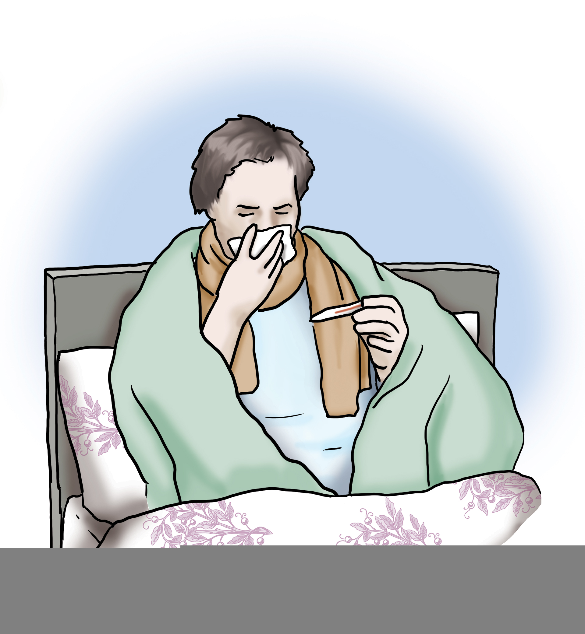 Eine Patientin sitzt krank im Bett und niest