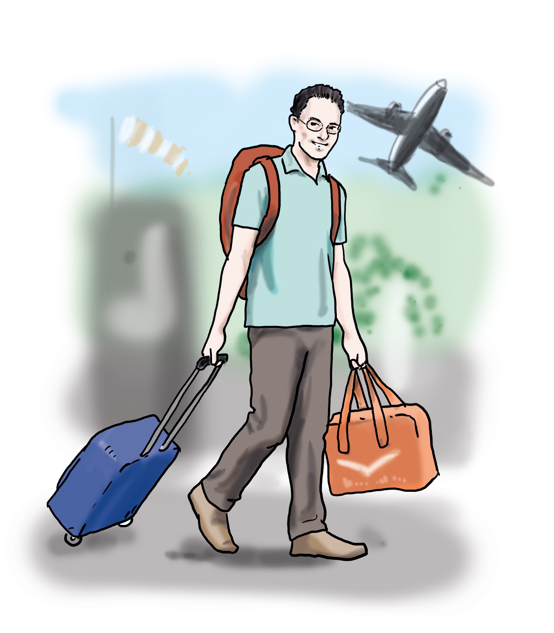 Ein Mann mit Koffern geht am Flughafen