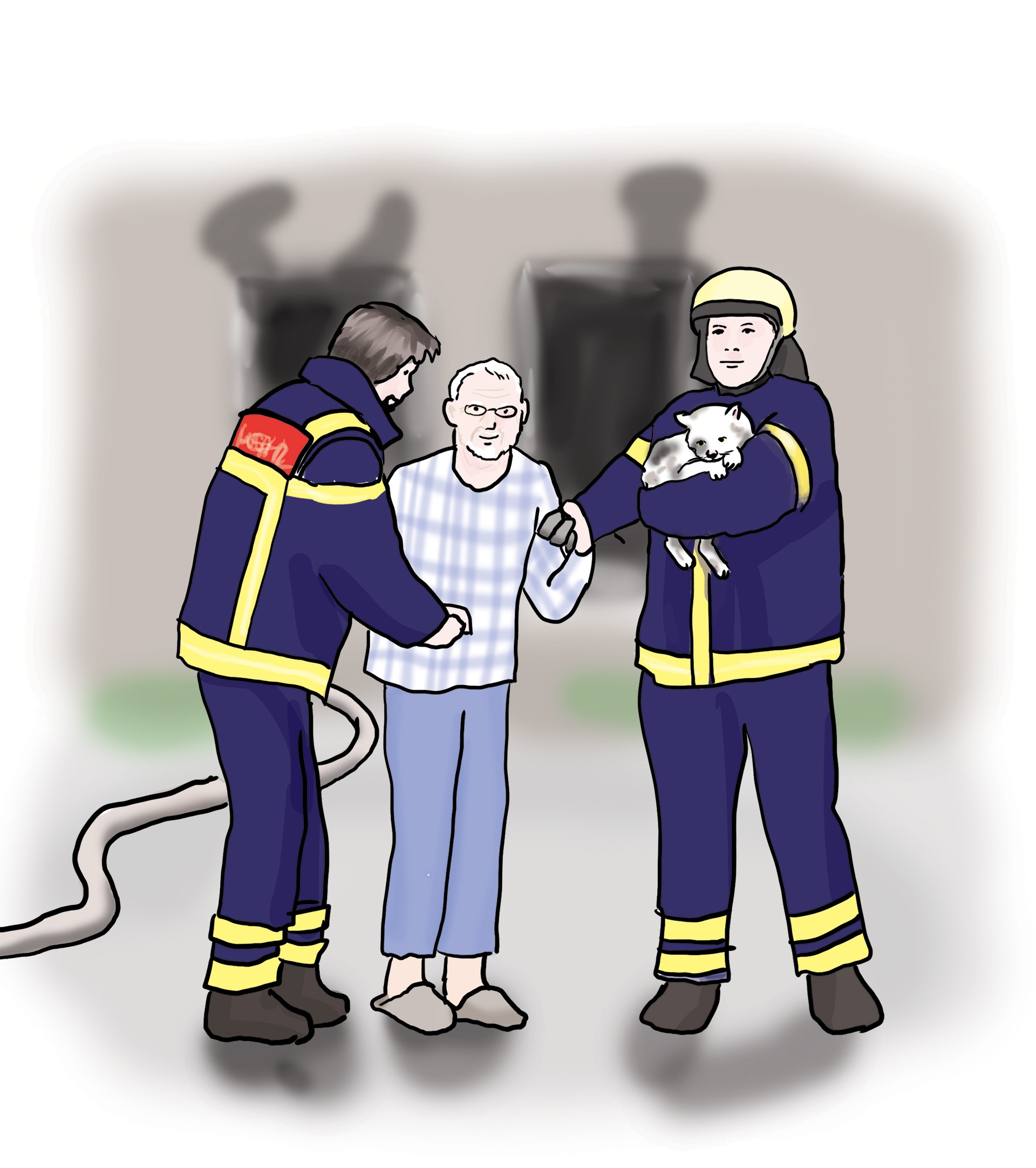 2 Feuerwehrleute helfen einem Mann