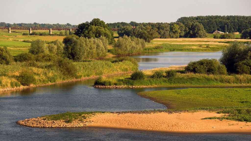 Der Fluss Elbe fließt durch Felder und Wiesen. Der Fluß wird fließt viele Kurven.