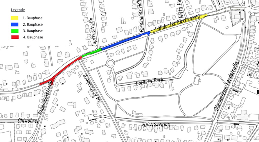 Karte mit farblich markierten Bauphasen der Strecke der Veloroute. 