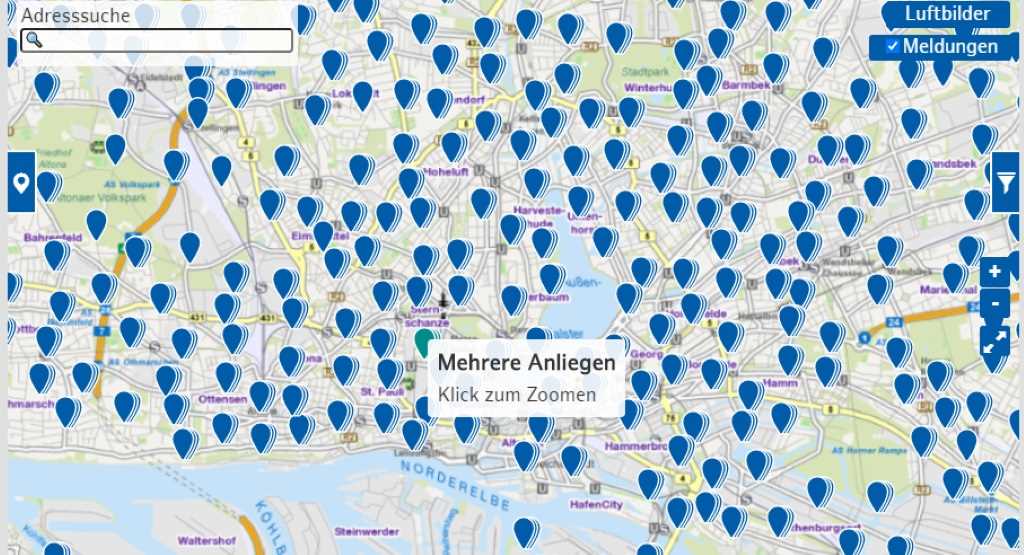 Auf einer Karte von Hamburg sieht man blaue Punkte, die die gemeldeten Schäden markieren.