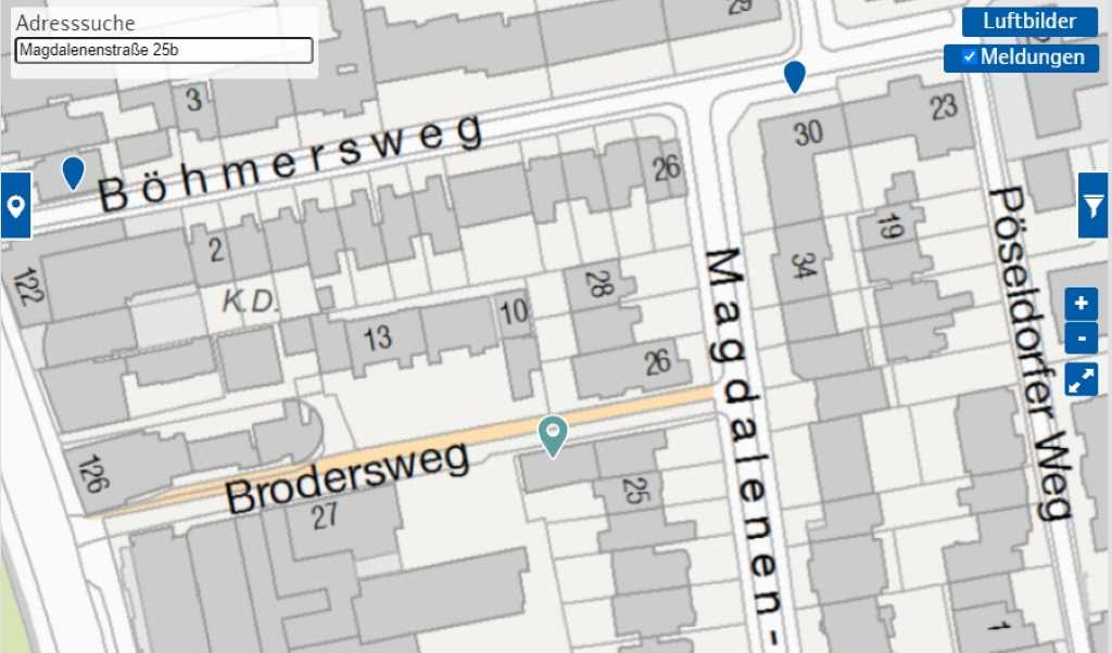 Auf einer Karte steht die Adresse Magdalenenstraße 25b. An dieser Stelle ist auch ein blauer Pin gesetzt.