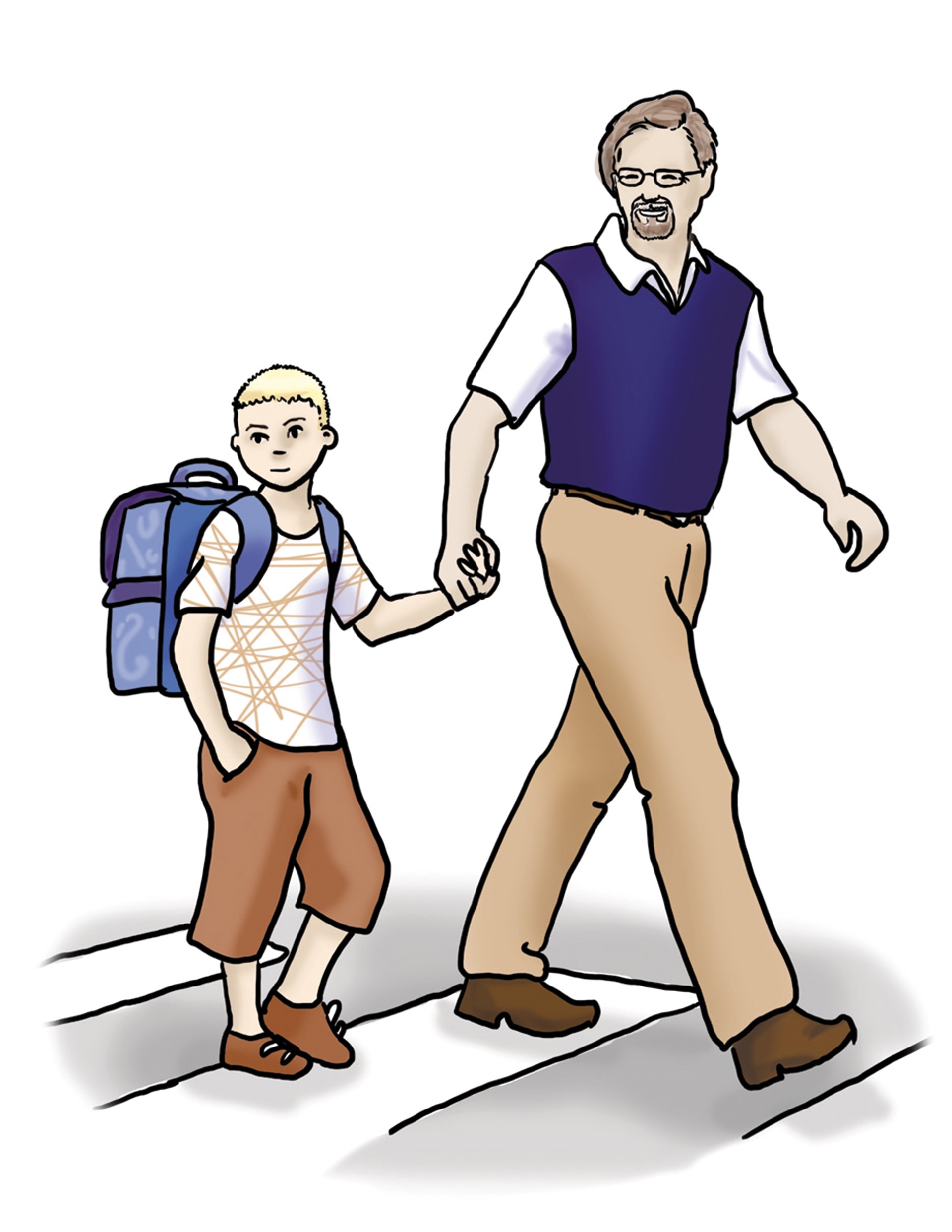 Schulkind und Vater überqueren Straße