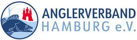 Logo des Anglerverbandes Hamburg. Dunkelblauer Fisch auf hellblauer Welle mit einer angelnden Person und dem Hamburger Wappen im Hintergrund. Link zur Homepage des Anglerverbandes Hamburg.