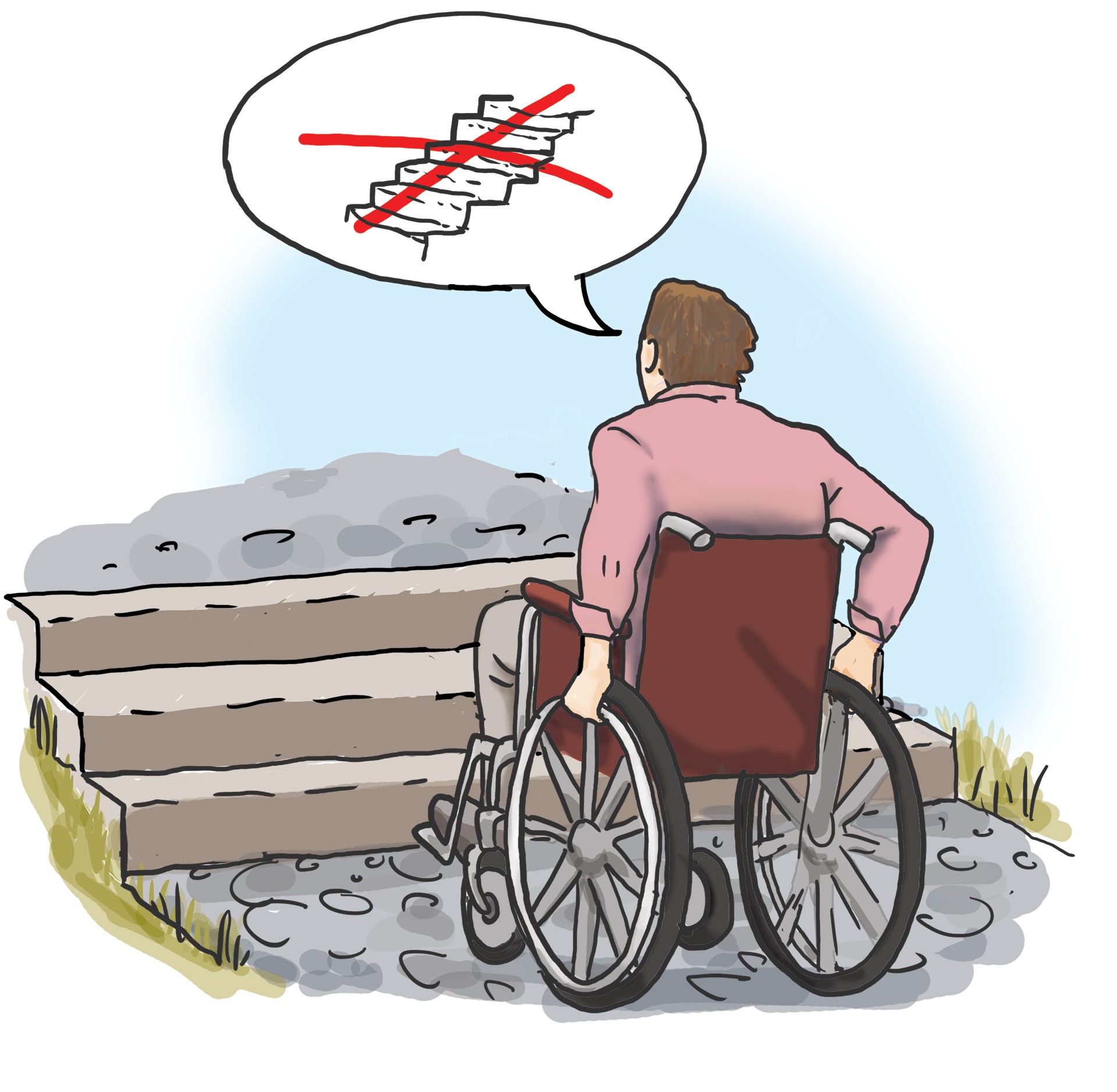 Mann im Rollstuhl steht vor einer Treppe