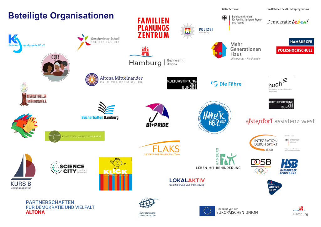 Auf weißem Hintergrund sind Logos von unterschiedlichen Unternehmen und Partnern der Altonaer Vielfaltswoche 2021 zu sehen.