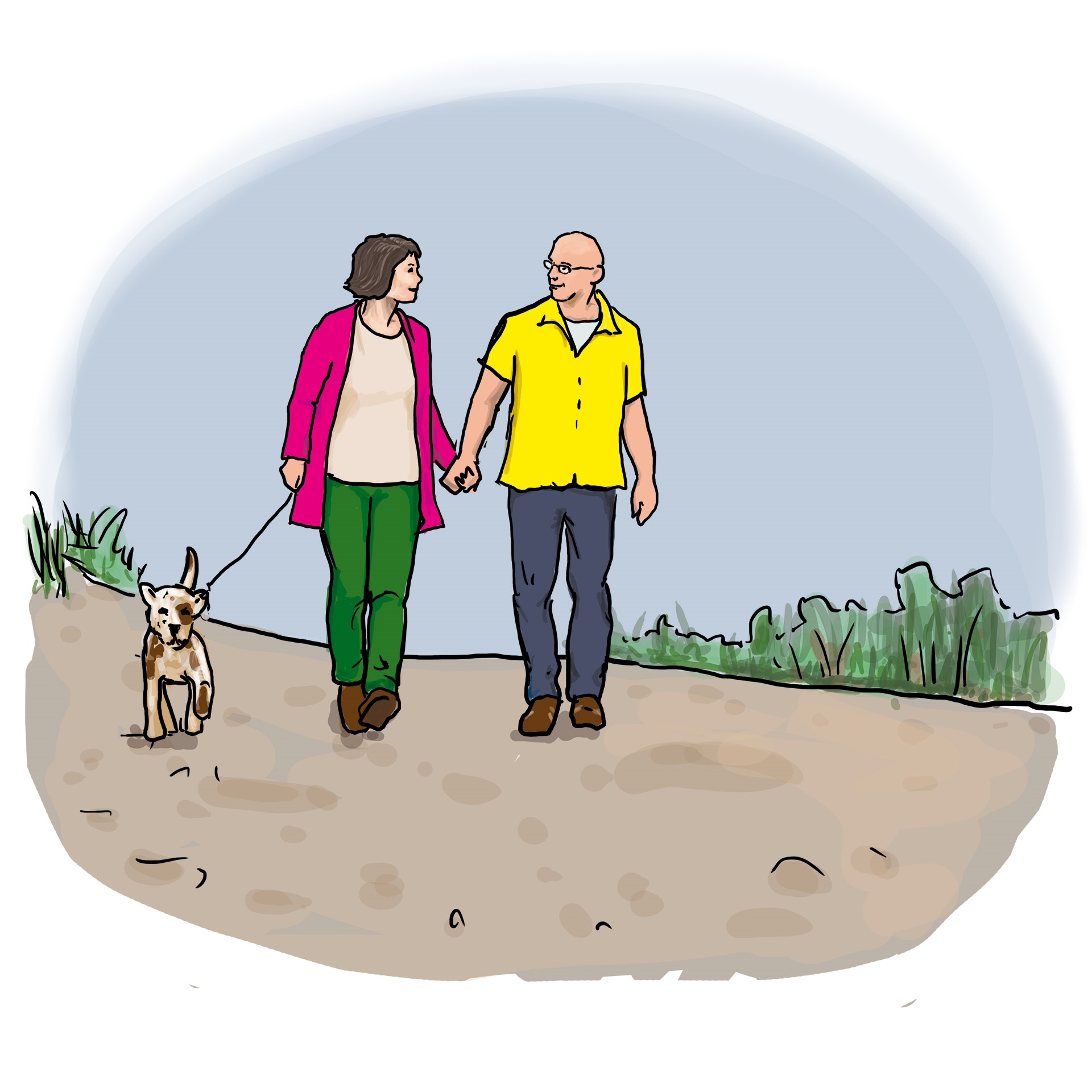 Ein Paar und ihr Hund machen einen Spaziergang 
