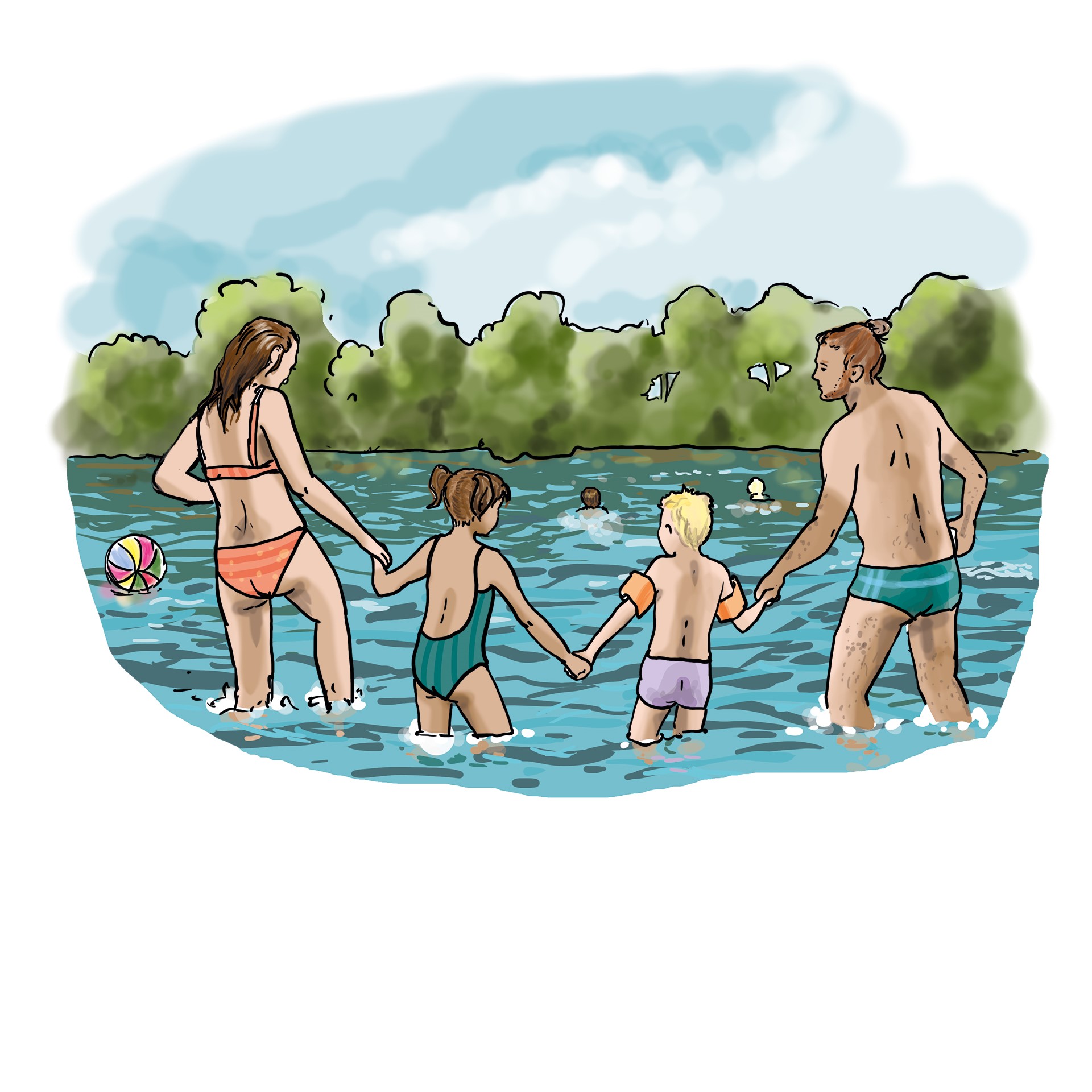 Familie geht an einem Badesee schwimmen 