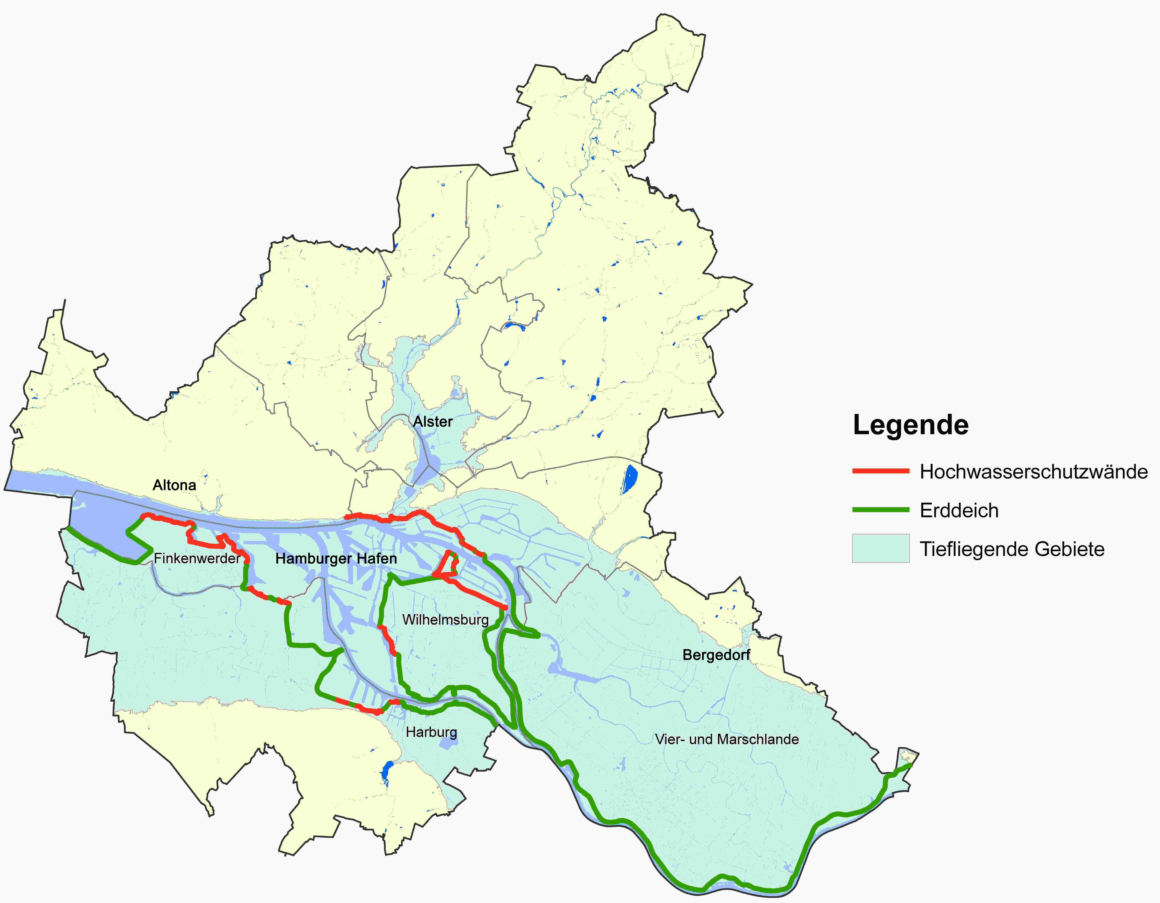Hamburgs tiefgelegene Gebiete sind mit über 100 km Hauptdeichlinie geschützt