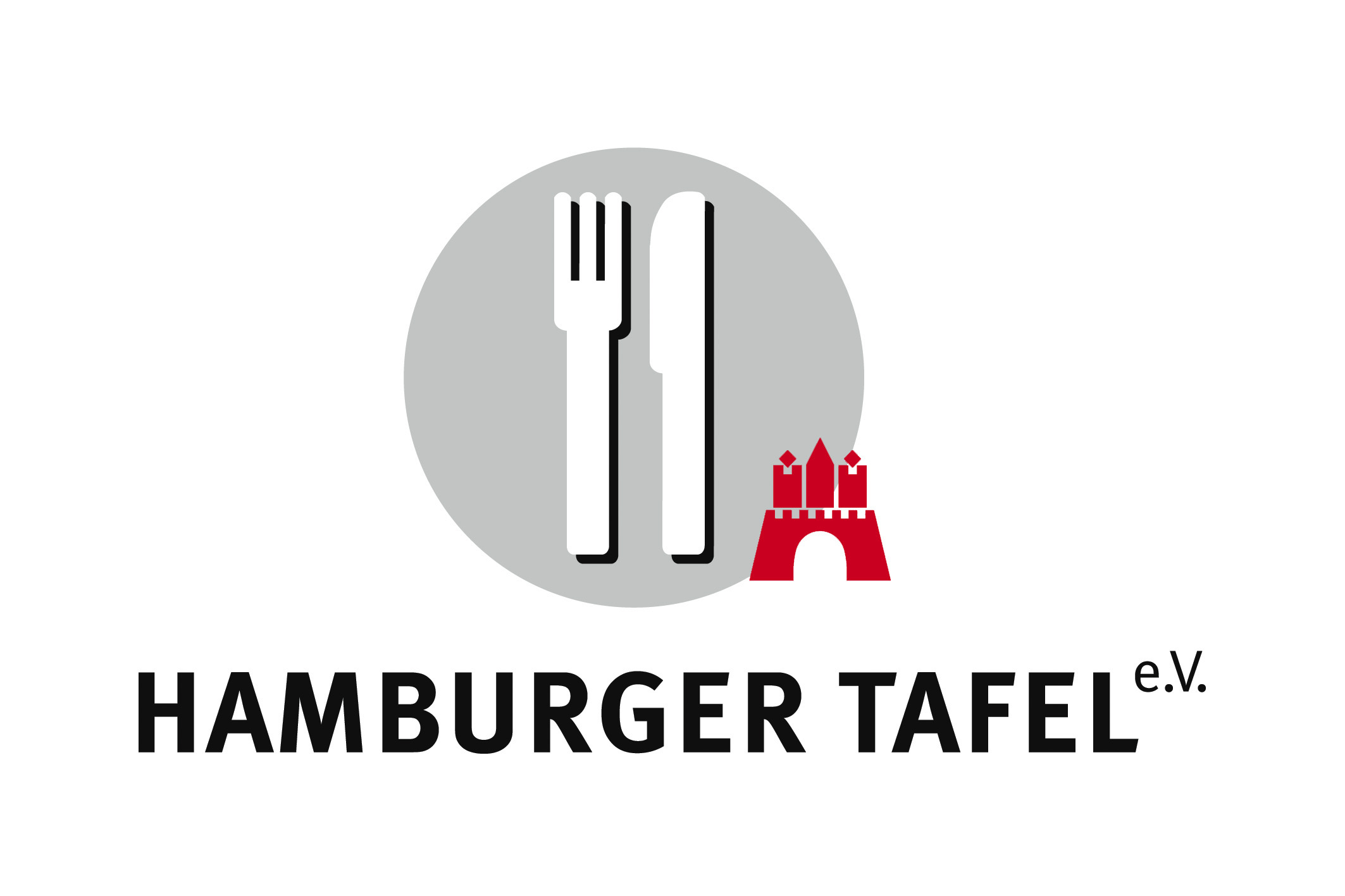 Das Logo kombiniert den Schriftzug "Hamburger Tafel e.V." mit Besteck und dem Hamburg-Wappen