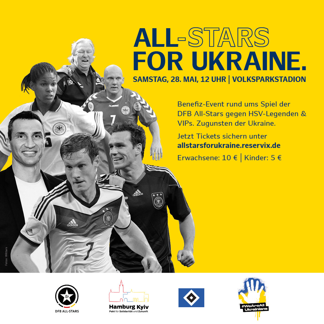 Das Ankündigungsbild für das Benefizspiel "All-Stars for Ukraine" mit Daten und Teilnehmern wie Marcell Jansen, Vladimir Klitschko, Horst Hrubesch.
