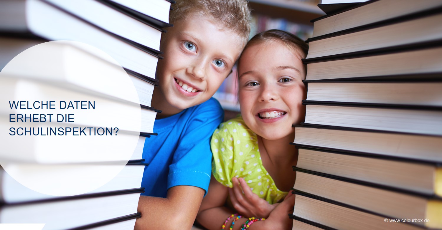 Das Bild zeigt zwei Unterstufenschüler:innen, zwischen zwei Bücherstapeln. Sie lächeln in die Kamera. Auf dem Bild steht die Frage: Welche Daten erhebt die Schulinspektion?