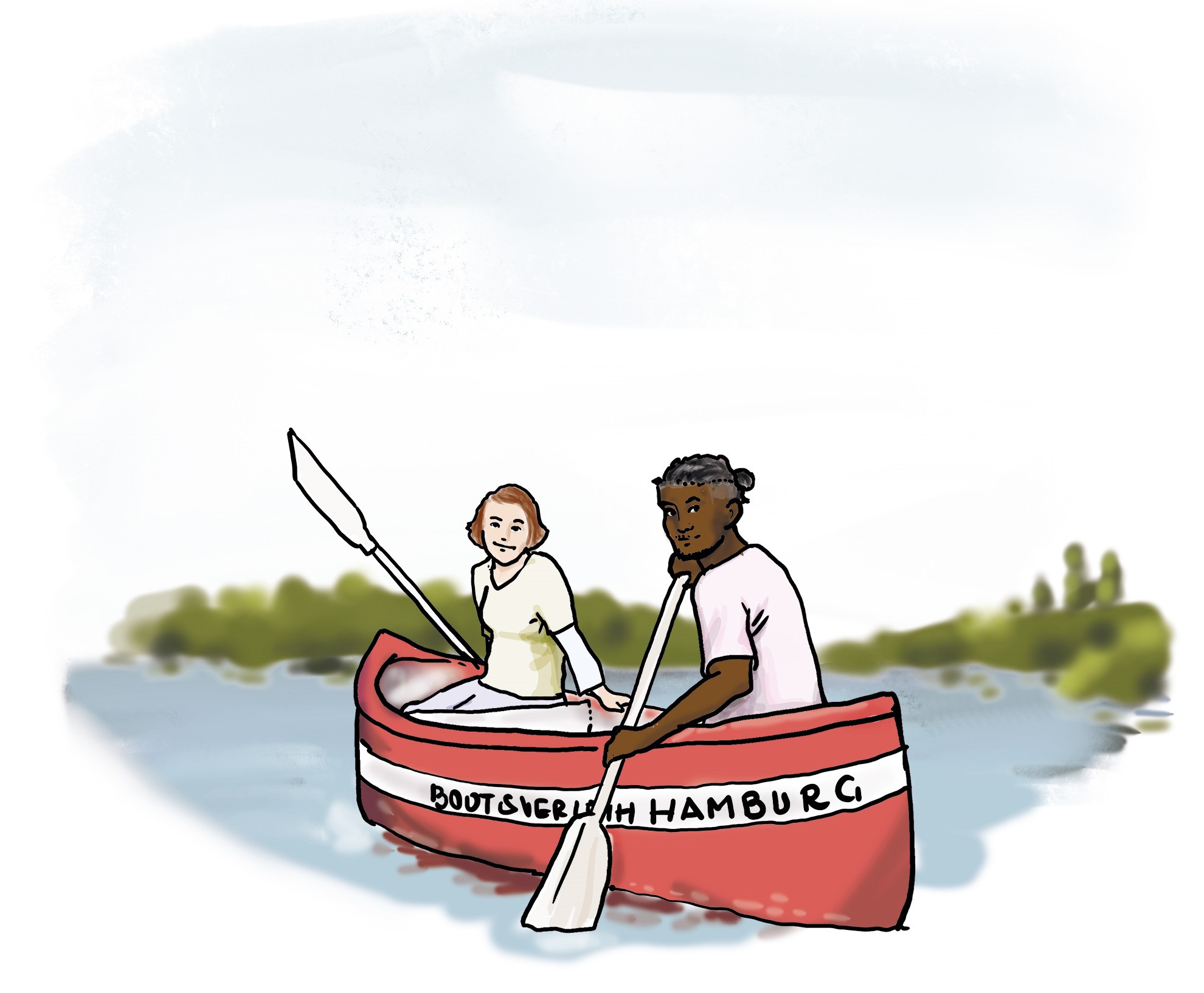 Zwei Menschen sitzen in einem Kanu und paddeln