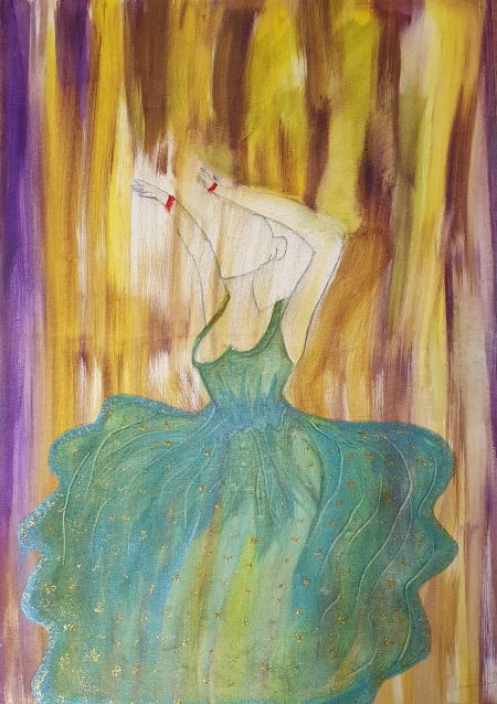 Gemälde mit dem Titel "Die Goldfrau" - Tanzende Frau in einem grünen Kleid