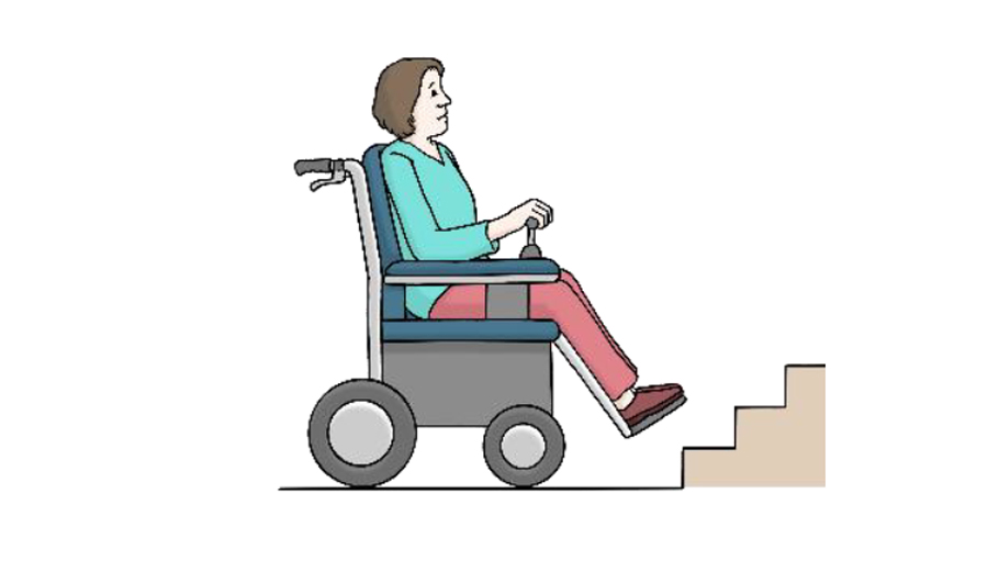 Rollstuhlfahrerin vor einer Treppe