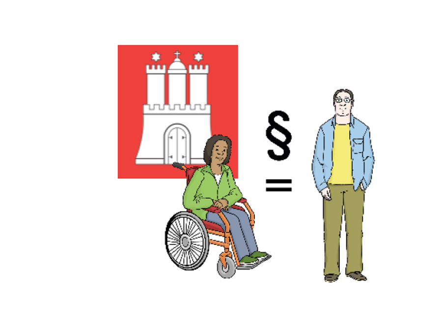 Rollstuhlfahrerin und stehender Mann vor Hamburg-Wappen