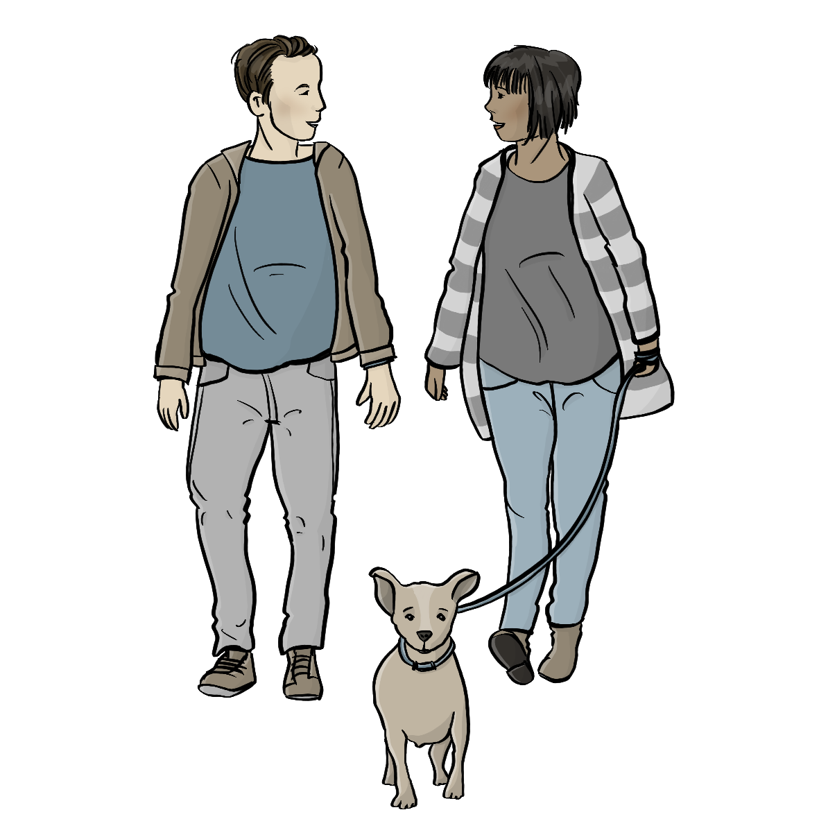 Zwei Menschen mit Hund gehen spazieren