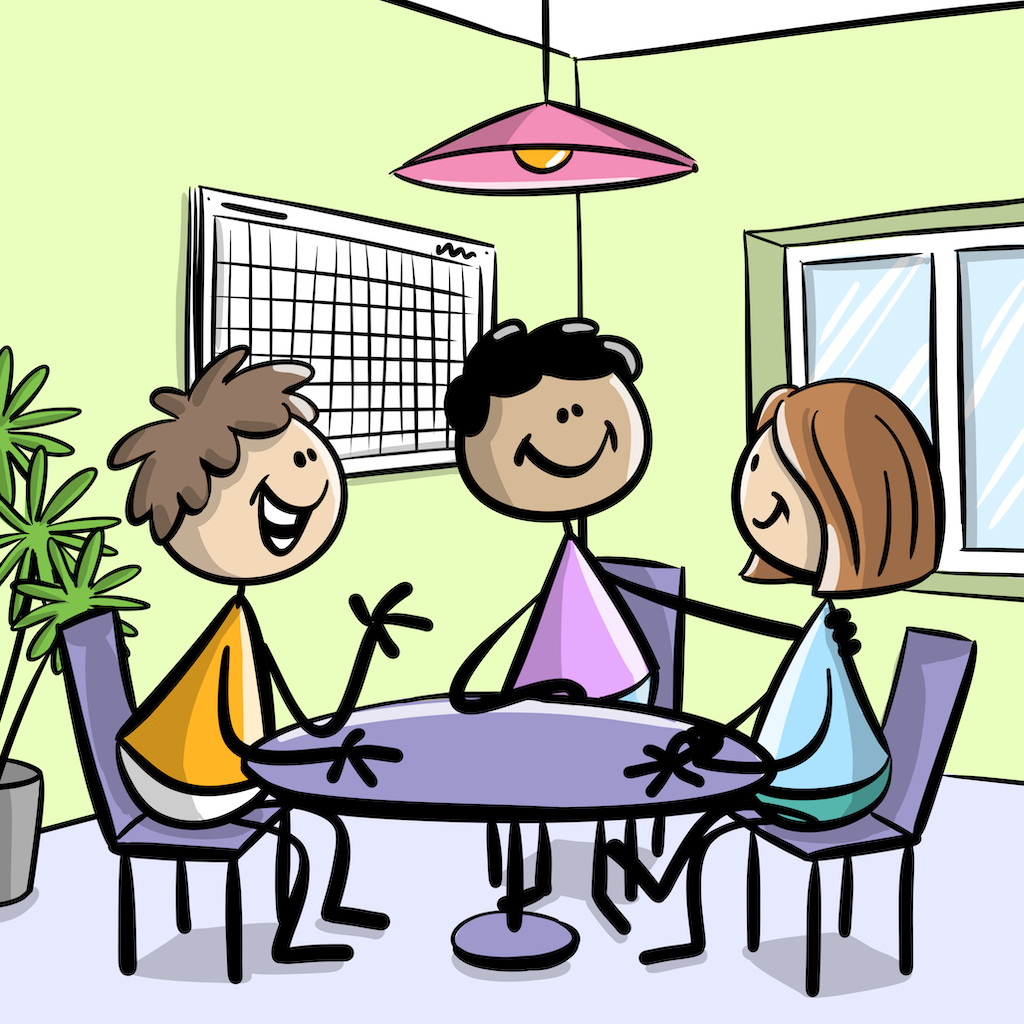 Drei gezeichnete Personen, die an eine runden Tisch miteinander sprechen.