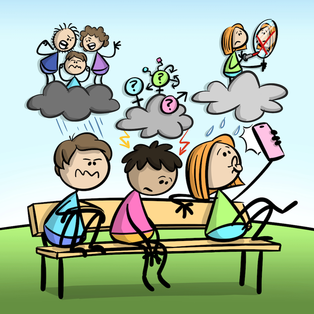 Drei gezeichnete Teenager sitzen auf einer Parkbank. Jeweils über ihnen schwebt eine Wolke, die die verschiedenen Probleme darstellt.