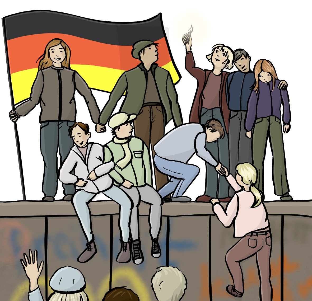 Menschen auf der Berliner Mauer feiern