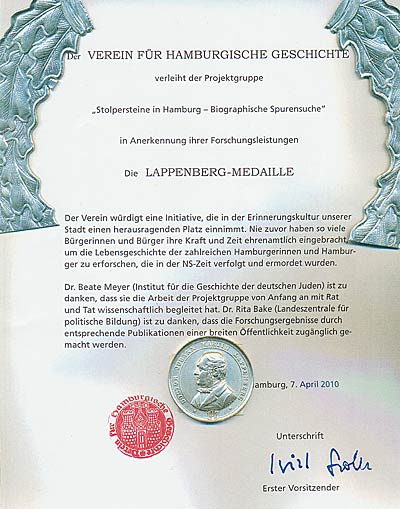 Lappenberg-Medaille für das Projekt Stolpersteine