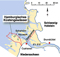 Kartenausschnitt des Küstenbereiches um die Elbmündung. "Seegrenze" markiert eine Linie zwischen Elbmündung und Nordsee. "Hamburgisches Küstengewässer" markiert einen Bereich rund um Neuwerk. 