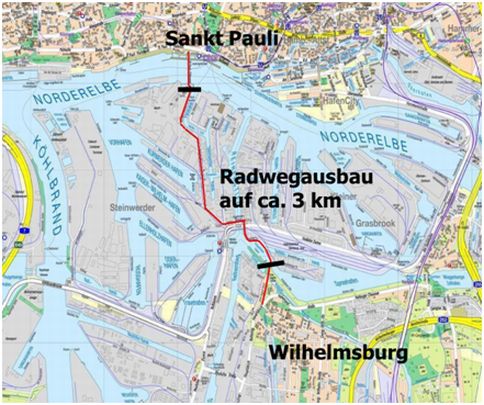 Karte einer neuen Radwegeverbindung nach Wilhelmsburg