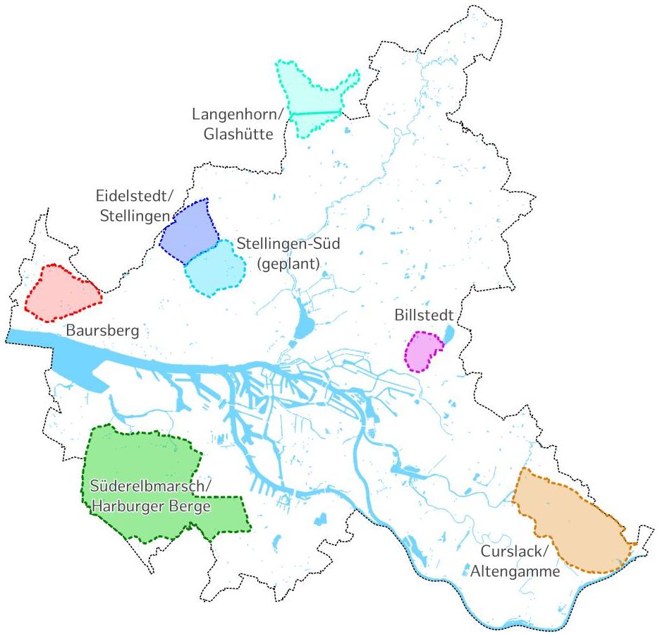Die Karte zeigt die Lage der einzelnen Wasserschutzgebiete in Hamburg