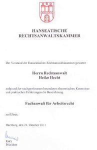 Anwaltskanzlei Heiko Hecht - Rechtsanwaltskammer Zertifikat