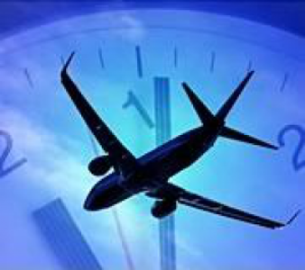 Grafik Flugzeug mit Uhr im Hintergrund