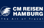 CM Reise- und Dienstleistungs GmbH Logo, weiße Schrift auf dunkelblauem Untergrund
