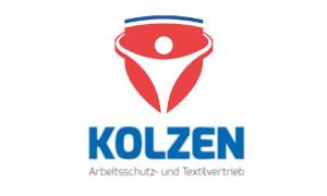 Blauer Firmenname mit rot/weiß/blauem Logo