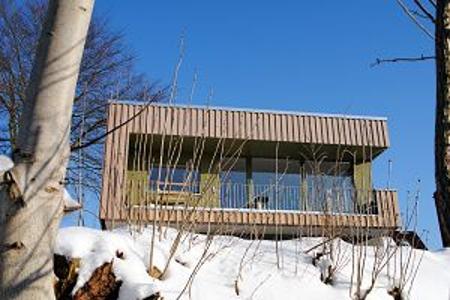Holzhaus auf schneebedecktem Berg