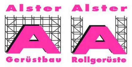 AGB Alster Gerüstbau GmbH & Co. KG Logo, pinkfarbene Buchstaben und dahinter in schwarz Gerüste als Grafik eingebaut