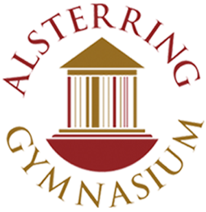 Alsterring Gymnasium Logo, rote und goldene Schrift