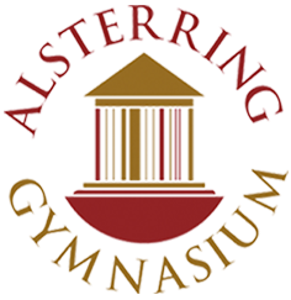 Alsterring Gymnasium Logo, rote und goldene Schrift