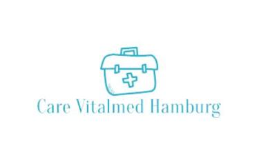 Hellblauer Firmenname mit Zeichnung eines Arztkoffers