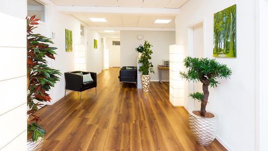 Helle Wände, ein Holzfußboden, Grünpflanzen und schwarze Sitzmöglichkeiten in einem großen Raum