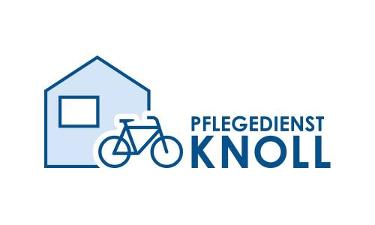 Blauer Firmenname, daneben ein Haus und ein Fahrrad in blau