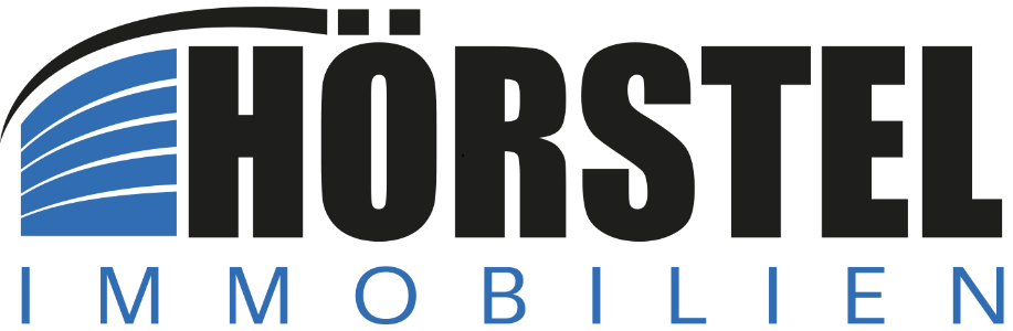 Hörstel Immobilien GmbH Logo, schwarze und blaue Schrift auf weißem Untergrund